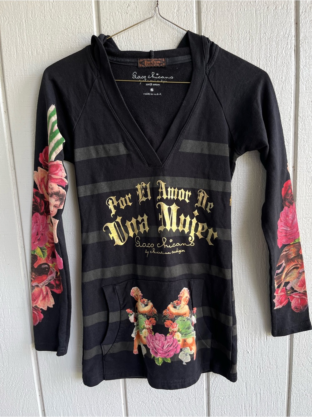 Christian Audigier Paco Chicano Vintage Y2K Black Cherub Cotton Hoodie‎ Size S